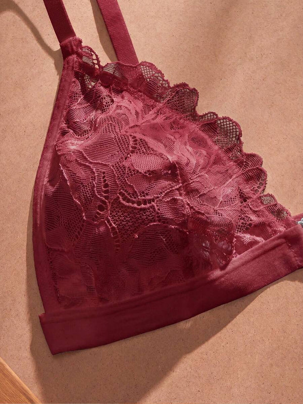Conjunto de Lencería de Encaje Floral Burdeos