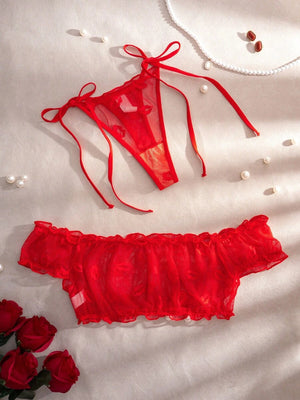 Conjunto De Lencería Rojo Con Volantes Off Shoulder
