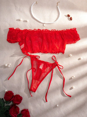 Conjunto De Lencería Rojo Con Volantes Off Shoulder