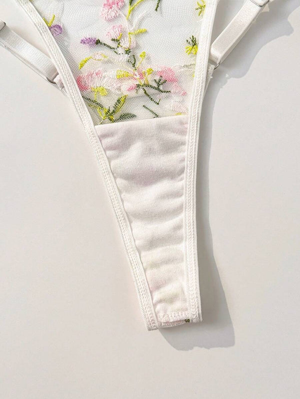 Conjunto De Lencería Floral Bordado En Malla