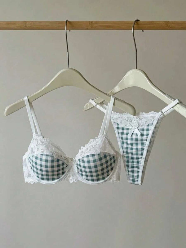 Conjunto De Lencería De Cuadros Vichy Con Encaje