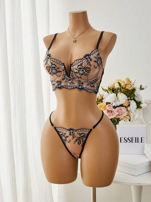 Conjunto De Lencería Con Bordado Floral Negro Y Beige