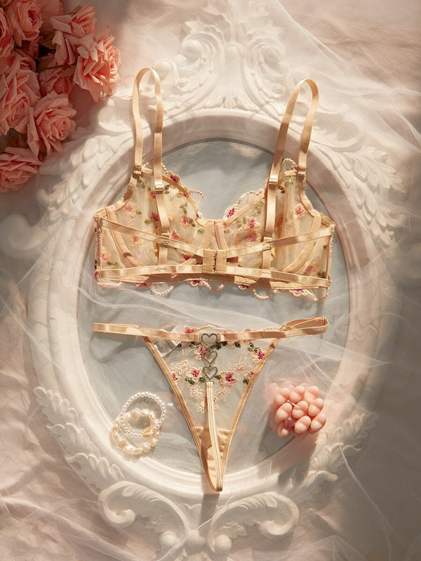 Brasier con varilla en tul nude y delicado bordado floral con tirantes satinados