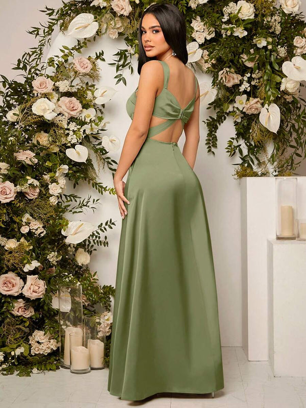 Vestido Largo De Noche Verde Olivo Con Abertura