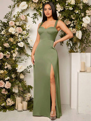 Vestido Largo De Noche Verde Olivo Con Abertura