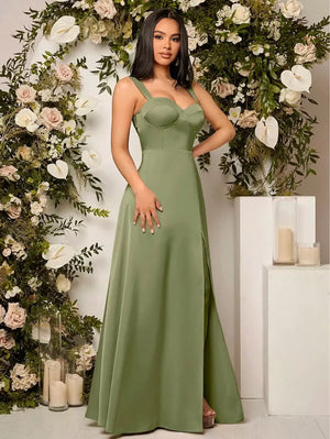 Vestido Largo De Noche Verde Olivo Con Abertura