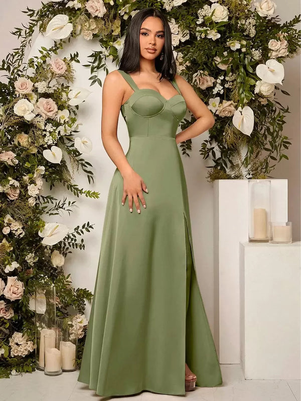Vestido Largo De Noche Verde Olivo Con Abertura