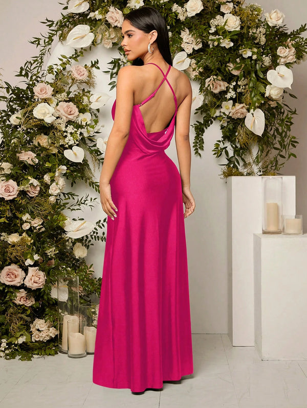 Vestido Elegante Rosa Fucsia Maxi Con Tirantes Finos