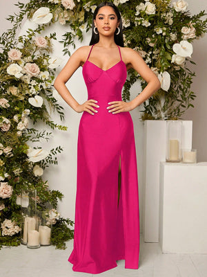 Vestido Elegante Rosa Fucsia Maxi Con Tirantes Finos