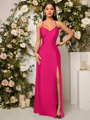 Vestido Elegante Rosa Fucsia Maxi Con Tirantes Finos