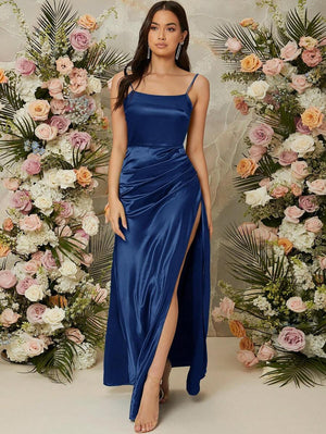 Vestido Largo Satinado Azul Zafiro Con Abertura