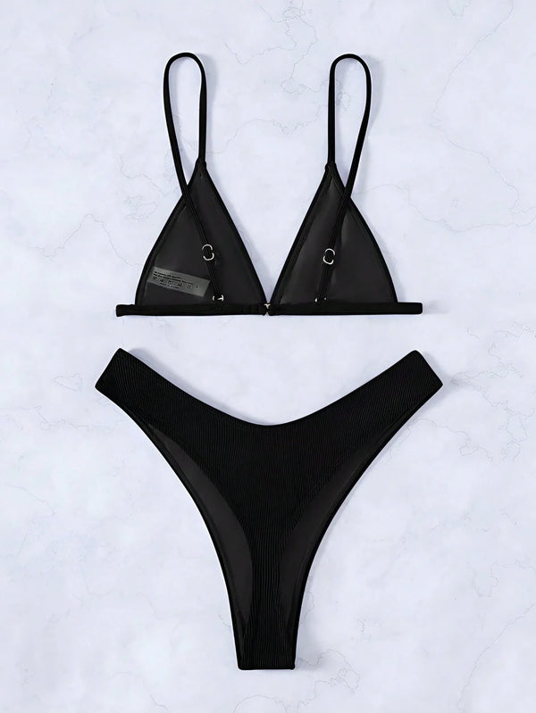 Bikini Triángulo Negro De Cintura Alta Con Corte Clásico