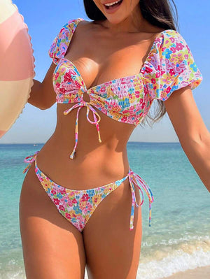 Bikini Floral Multicolor Con Mangas Abullonadas