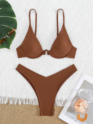 Bikini Push Up Café de Talle Alto con Corte Sexy