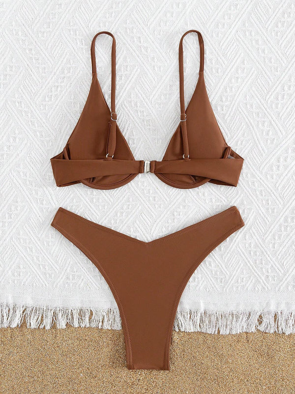 Bikini Push Up Café de Talle Alto con Corte Sexy