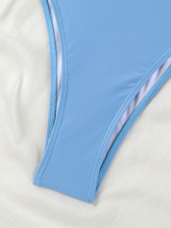 Traje de Baño Entero Bicolor con Escote Profundo Azul