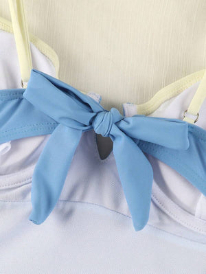 Traje de Baño Entero Bicolor con Escote Profundo Azul