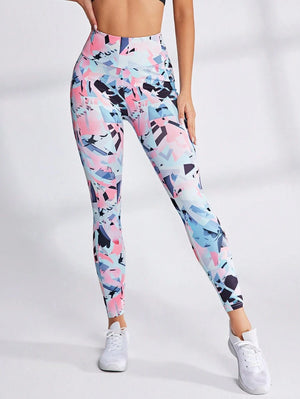 Vista frontal completa de leggings multicolor talle alto con corte largo