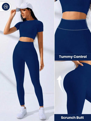 Imagen informativa del set deportivo azul destacando scrunch butt y control abdominal.