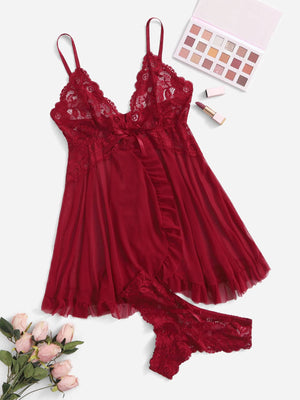 Conjunto de Lencería Rojo de Encaje Floral con Babydoll