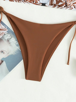 Bikini Estampado con Hebilla y Bottom de Lazo Marrón