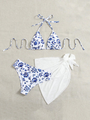 Bikini Floral Azul y Blanco con Top Halter y Pareo Transparente