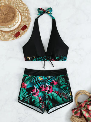 Bikini Negro Tropical Con Top Halter Y Shorts Estampados