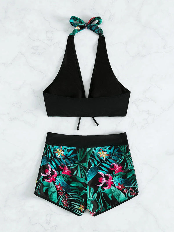 Bikini Negro Tropical Con Top Halter Y Shorts Estampados