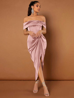Vestido De Fiesta Satinado Con Hombros Descubiertos Rosa