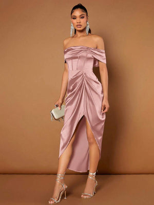 Vestido De Fiesta Satinado Con Hombros Descubiertos Rosa