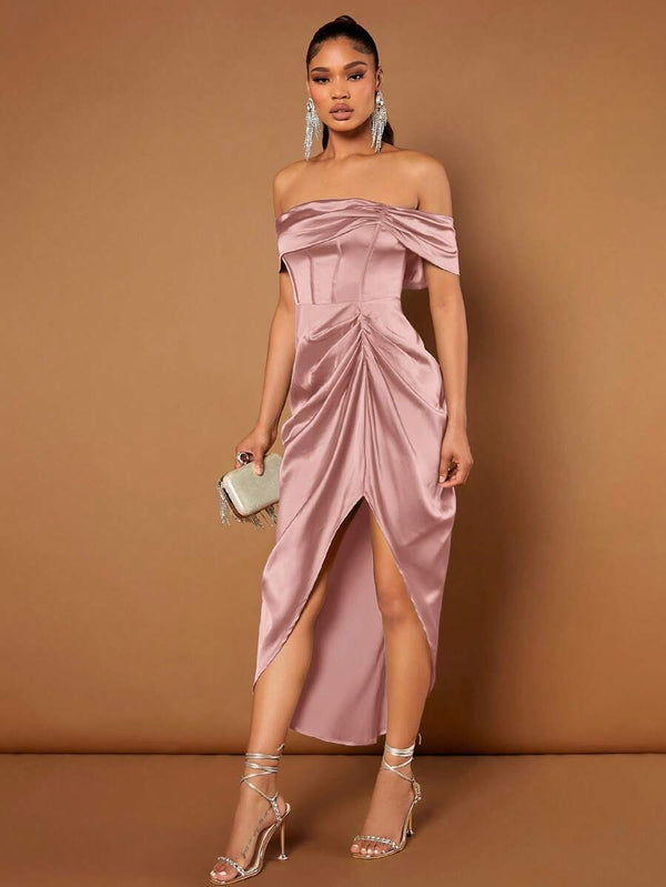 Vestido De Fiesta Satinado Con Hombros Descubiertos Rosa