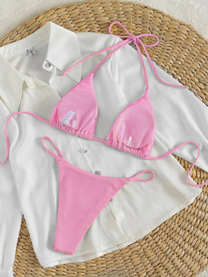 Bikini Triangular Rosa con Nudos y Tirantes Ajustables