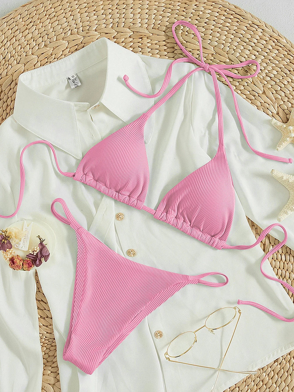 Bikini Triangular Rosa con Nudos y Tirantes Ajustables