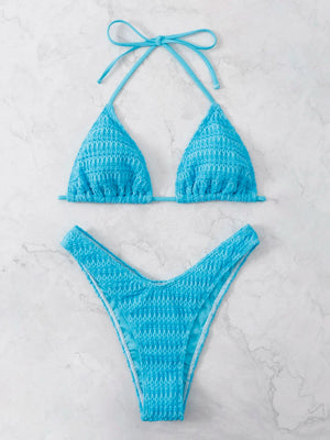 Bikini Halter Azul Menta Texturizado con Corte Alto Set de 2 Piezas