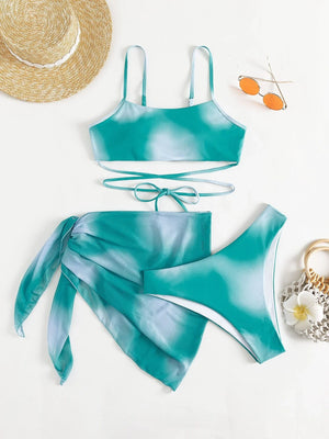 Bikini con Falda Pareo y Ajuste Cruzado Estampado Degradado Menta