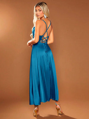 Vestido elegante azul con espalda cruzada ajustable tipo corset