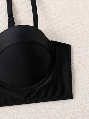 Set de Bikini Tropical Negro con Kimono Estampado y Push Up