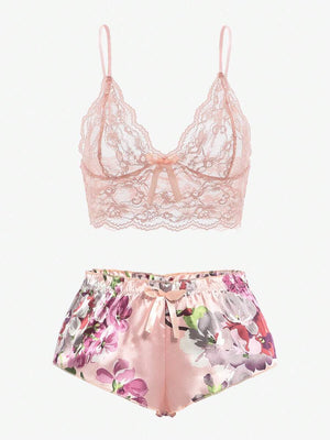 Conjunto de Pijama Floral con Encaje Rosa Coral