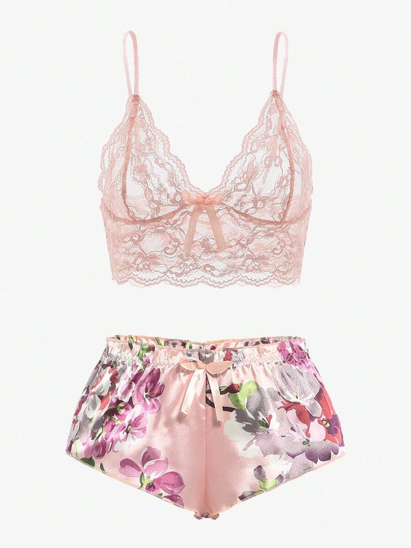 Conjunto de Pijama Floral con Encaje Rosa Coral