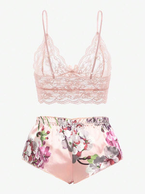 Conjunto de Pijama Floral con Encaje Rosa Coral