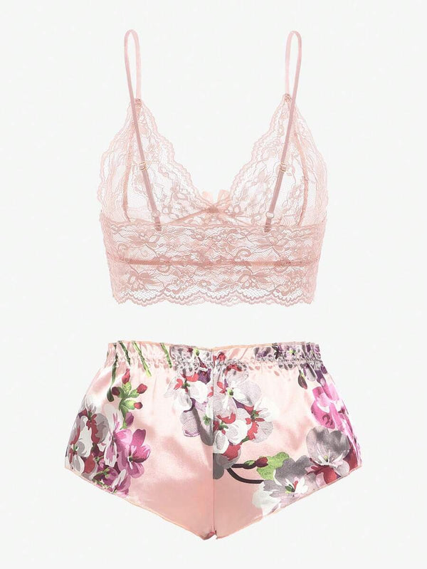 Conjunto de Pijama Floral con Encaje Rosa Coral