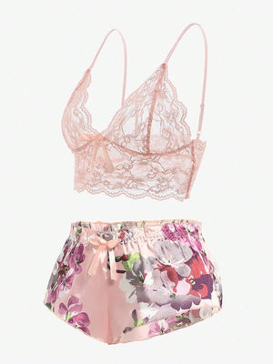 Conjunto de Pijama Floral con Encaje Rosa Coral