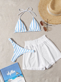 Bikini Halter Azul Y Blanco A Rayas Con Short