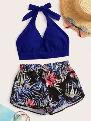 Bikini Azul Con Top Halter Y Shorts Tropicales Estampados