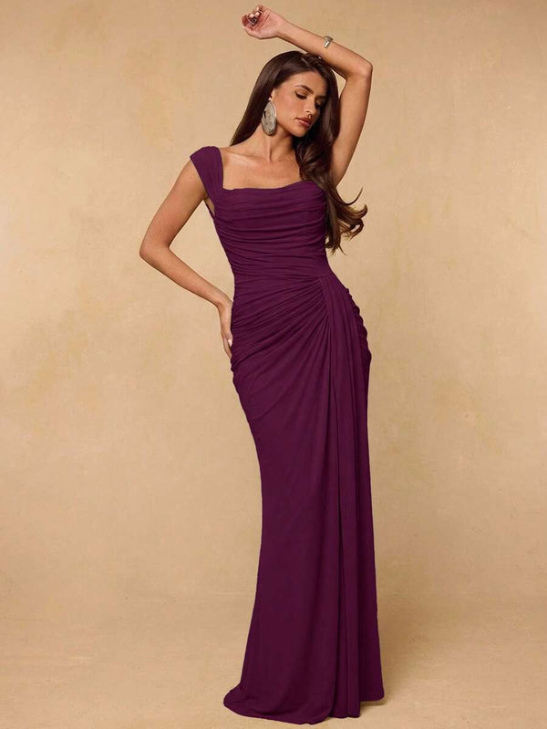 Vestido Largo Elegante Morado Con Fruncido Lateral
