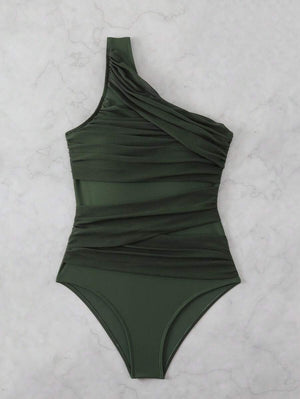 Traje De Baño Asimetrico Drapeado Verde Oscuro