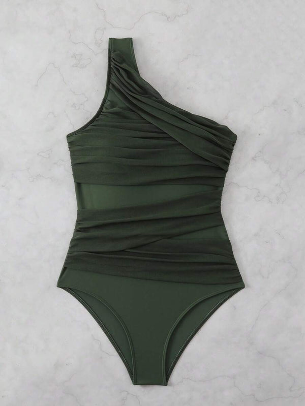 Traje De Baño Asimetrico Drapeado Verde Oscuro