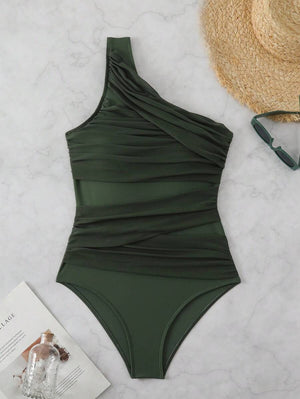 Traje De Baño Asimetrico Drapeado Verde Oscuro