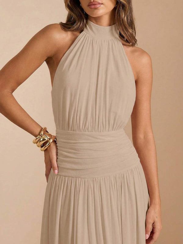 Vestido Largo Halter Elegante Con Abertura Beige