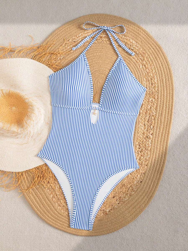 Traje de Baño Entero a Rayas con Escote Profundo